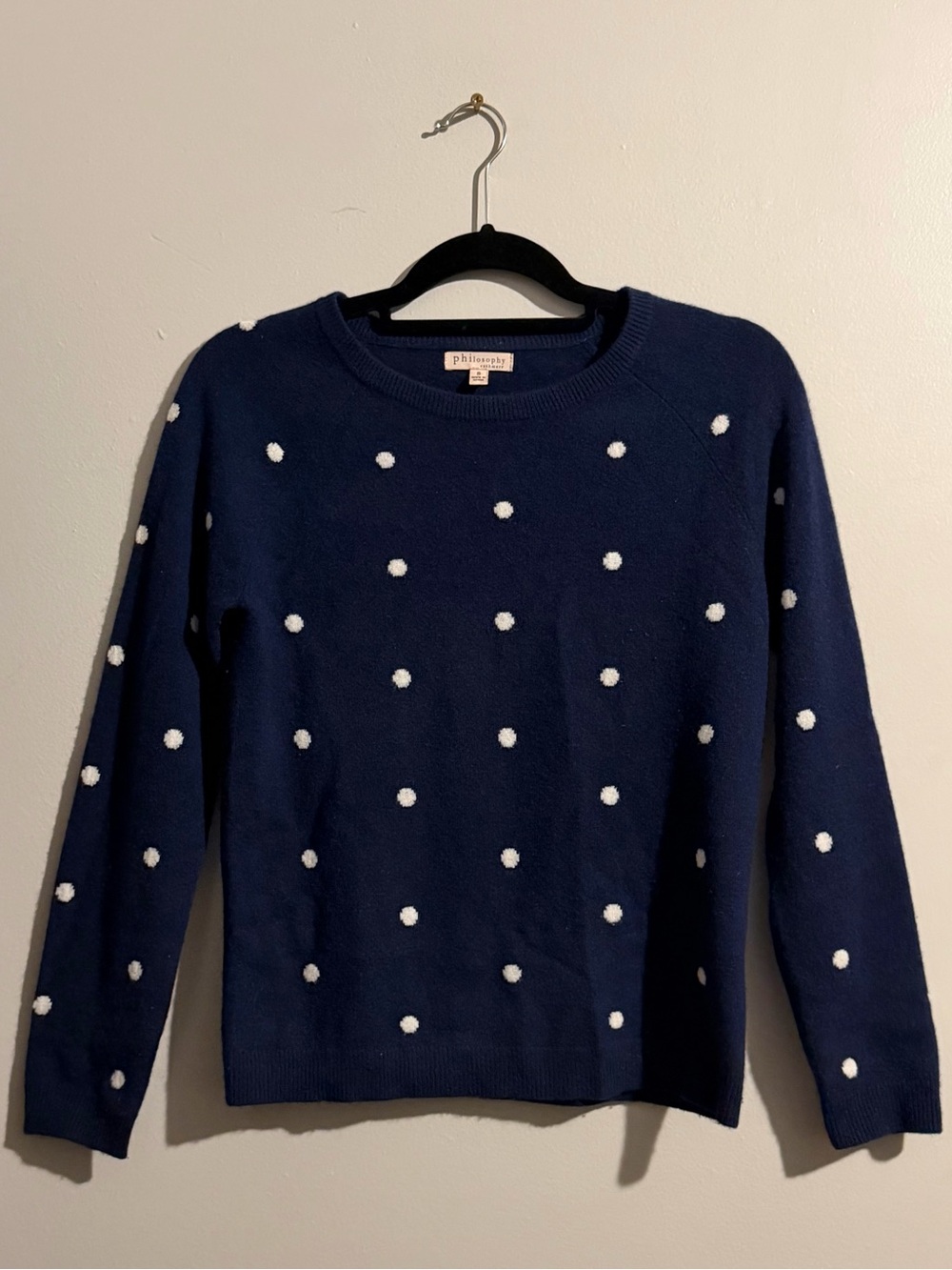 Philosophy Cashmere 100% Cashmere Navy Blue Polka Dot Crewneck Sweater